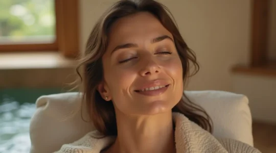 Une femme en moment de sérénité et d'acceptation, entourée de symboles de bien-être et de paix intérieure