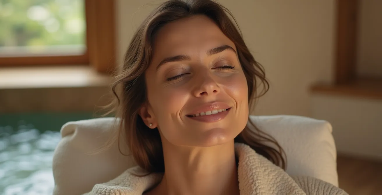 Une femme en moment de sérénité et d'acceptation, entourée de symboles de bien-être et de paix intérieure