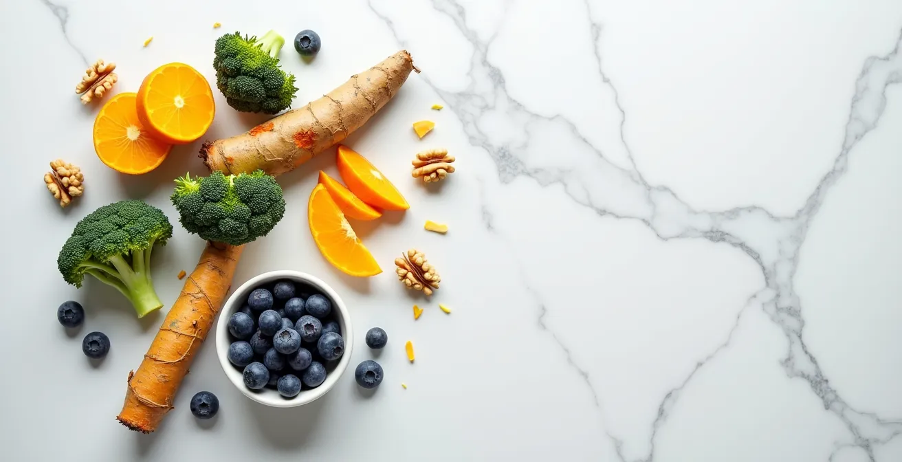 Arrangement artistique d'aliments colorés anti-inflammatoires sur une surface claire