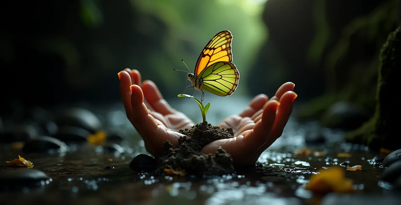 Représentation symbolique du deuil et de la transformation : une silhouette en transition avec des éléments naturels évoquant le changement et la croissance