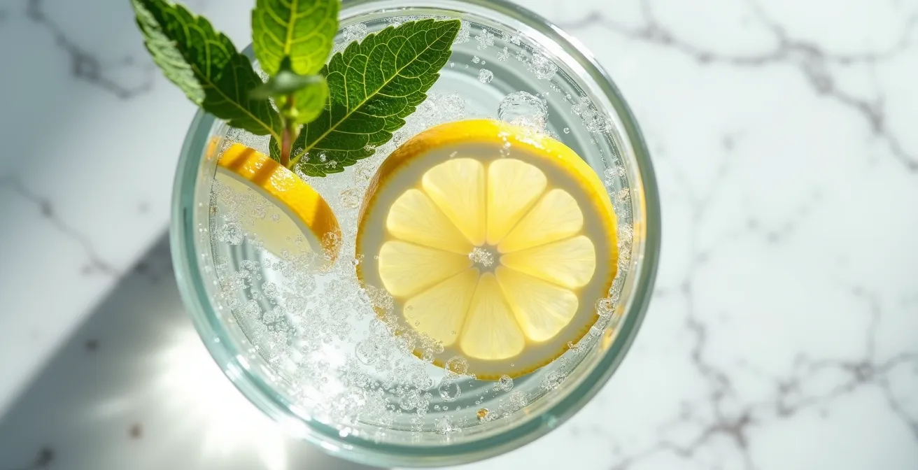 Verre d'eau pure avec tranches de citron et feuilles de menthe fraîche