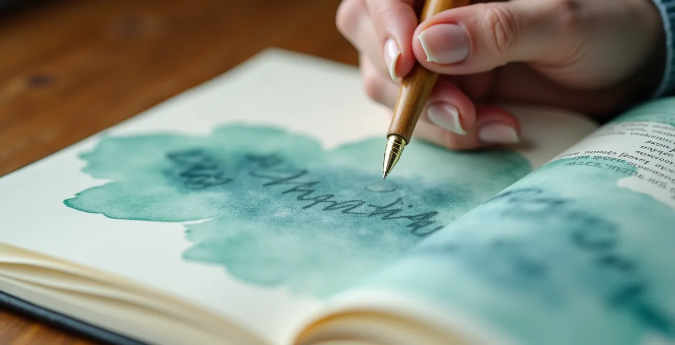 Main tenant un stylo au-dessus d'un carnet de notes avec des motifs abstraits colorés