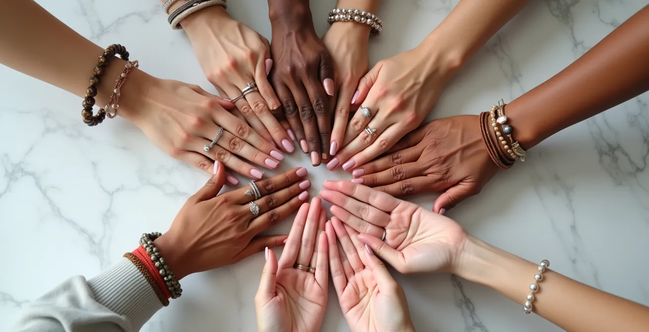 Cercle de mains jointes symbolisant l'entraide et le soutien communautaire