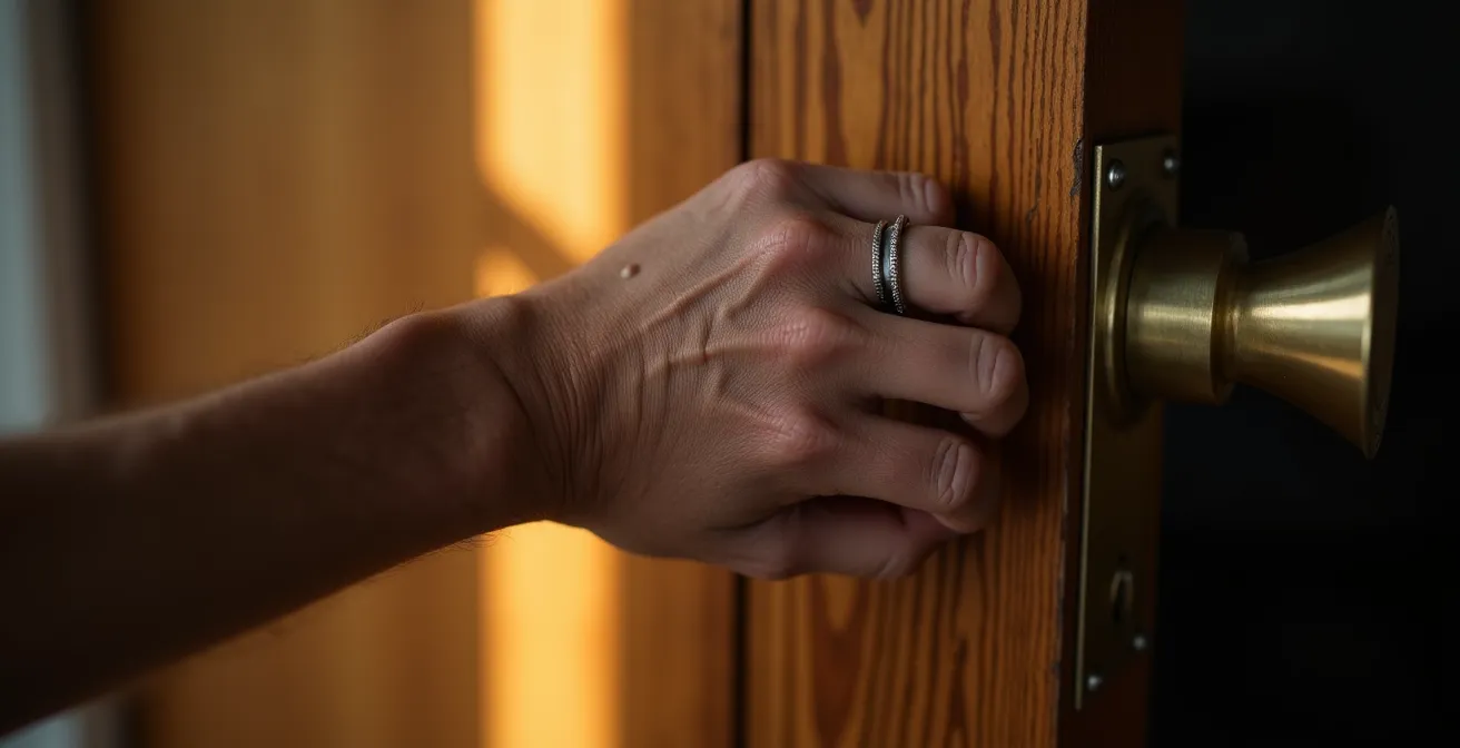 Gros plan sur une main âgée ouvrant délicatement une porte d'appartement en résidence senior