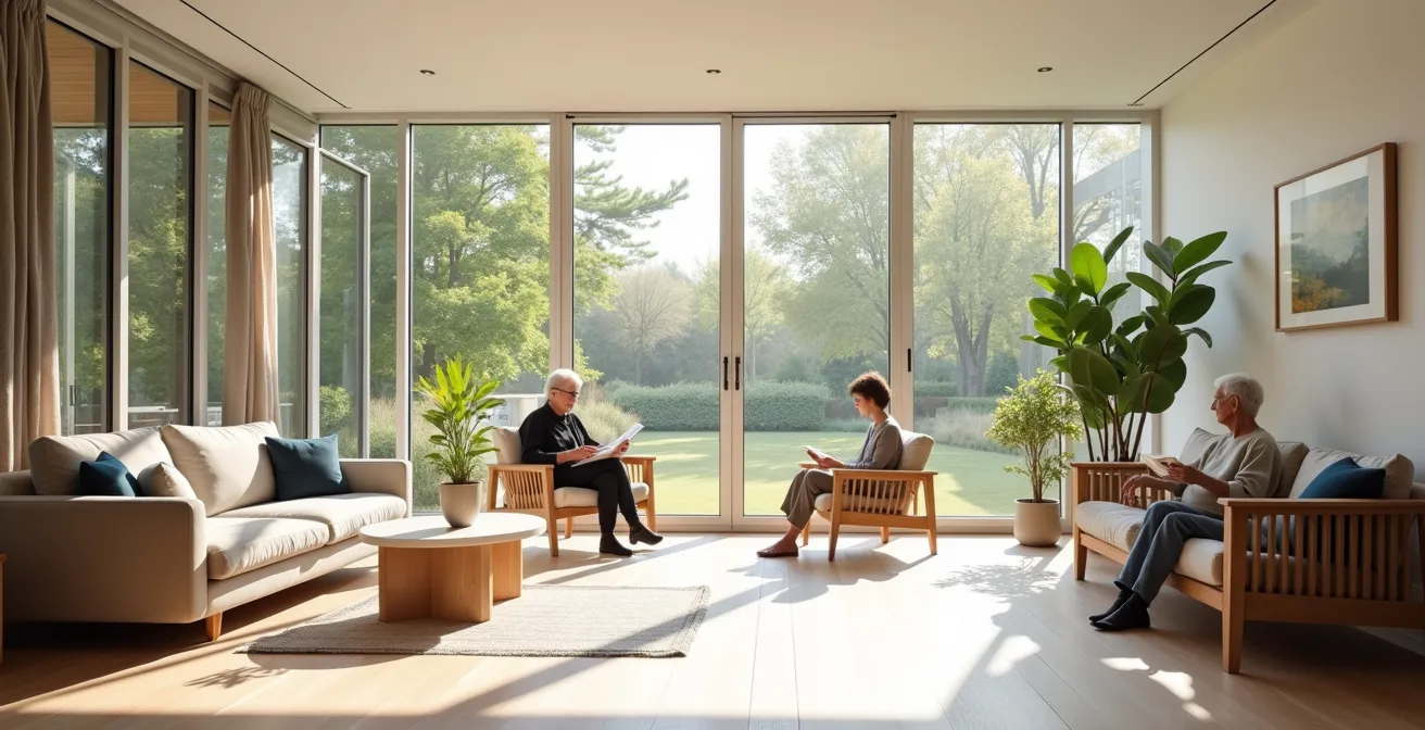 Vue d'ensemble d'un salon commun lumineux et épuré dans une résidence senior bretonne