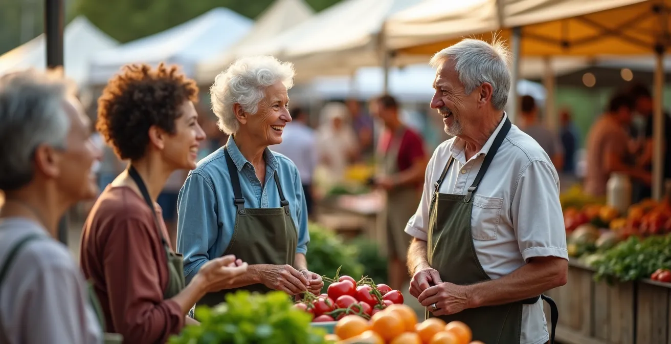 Groupe de résidents seniors échangeant avec des producteurs locaux sur un marché breton traditionnel